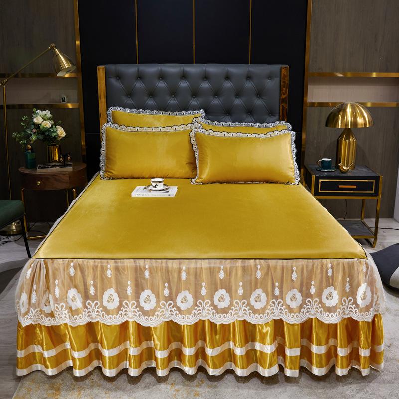 Blondertilpasset laken Luksus sengetøysett Romantisk ismatte sammenleggbare broderte laken Lin Sengetøy Queen Sengeteppe med skjørt