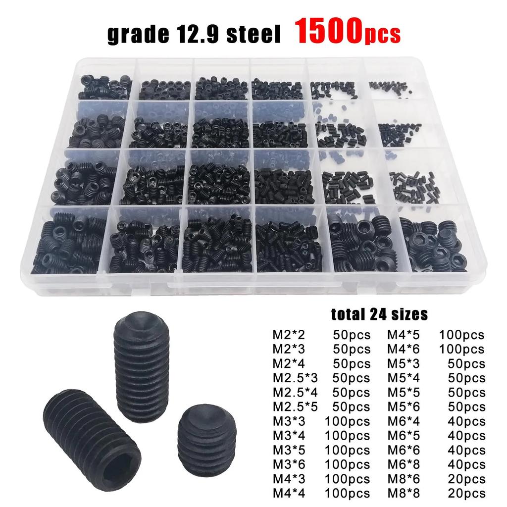 500/1500 Stück M2-M8 DIN916 304 Edelstahl Schwarz Sechskant Innensechskant Maschinen Elektronik Reparatur Spitze Bolzen Madenschrauben Set Kit Box