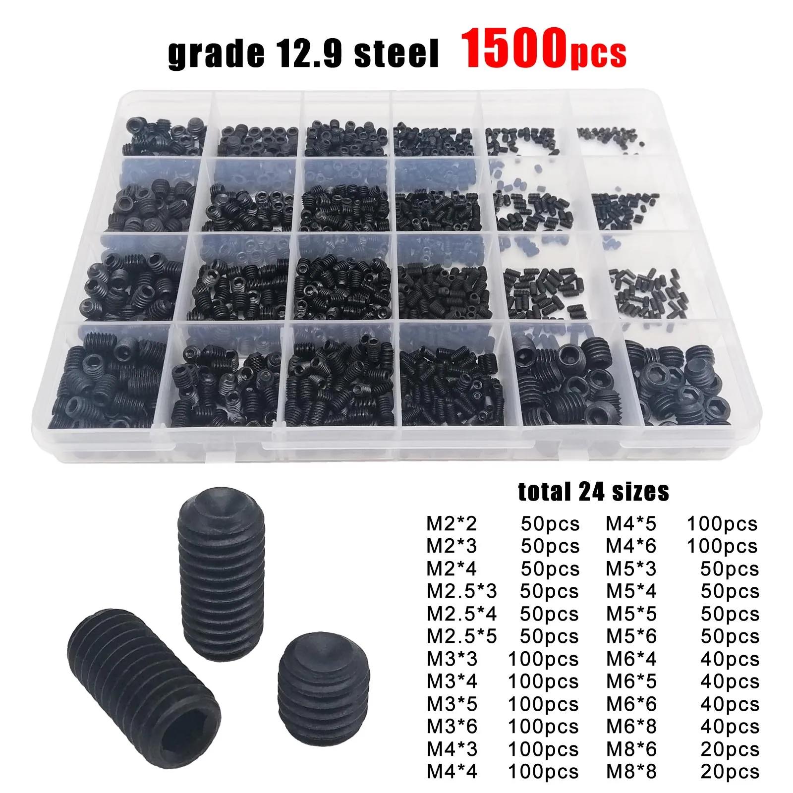 

500/1500pcs M2-M8 DIN916 304 Stainless Steel Black Hex Hexagon Socket Machinery Electronics Repair Point Bolt Set Screw Kit Box