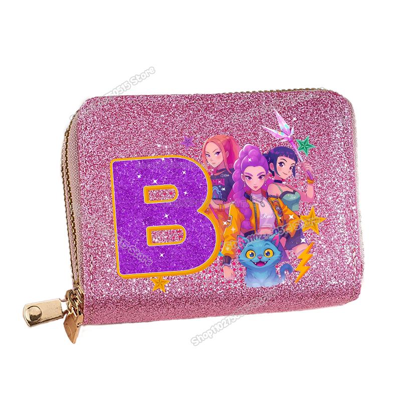 Korean Pop Demon Hunters Letter A-Z Women Short Wallet Bling Sequin Pu Leather Wallets Zipper Coin Purse ID Card Holder Girl Purse