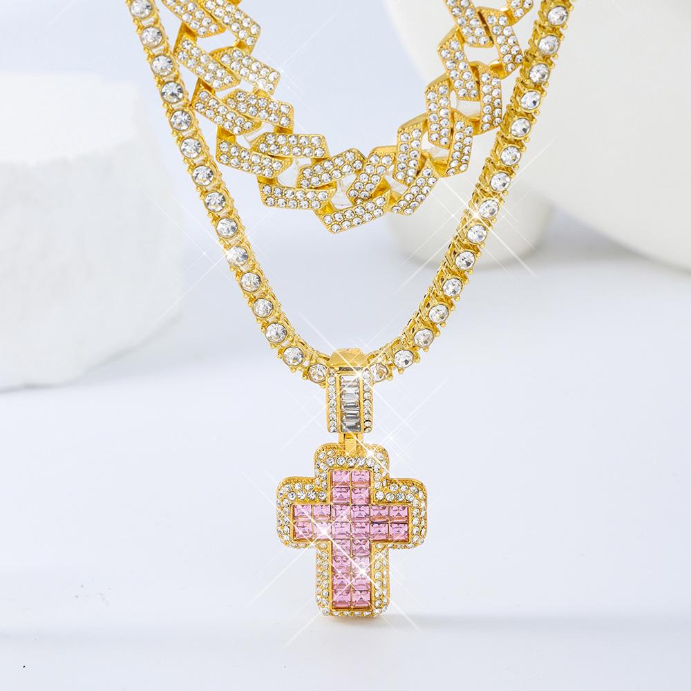 Pink Rhinestone Cross Pendant Cuban Link Tennis Chain Set - Street Style Hip Hop Accessories