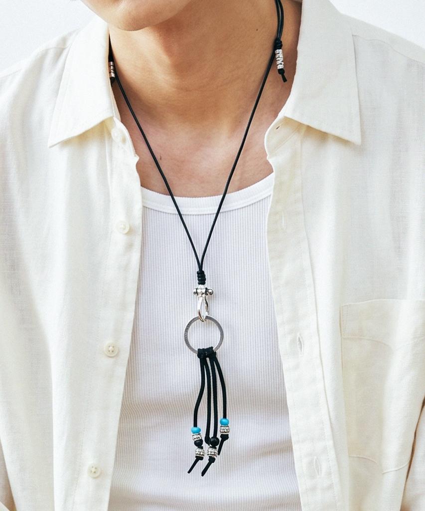 Knd Turquoise & Leather Cord Bead Necklace Black