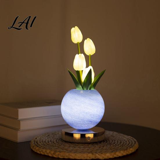 Glass Vase LED Lamp Tulip Planet Night Light Dimmable Touch with Aromatherapy Diffuser Artificial Flower Light USB Rechargeable Table Decor for Home