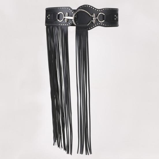 Women Imitation Leather Belt with Tassel Design Solid Color Adjustable Waist Belt Retro Style Clothing Accessory