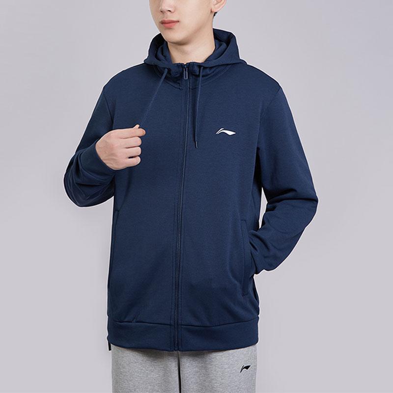 Li Ning Badminton Series Solid Color Hooded Running Training Jacket Men Jackets Navy-Blue AWDTD73-3