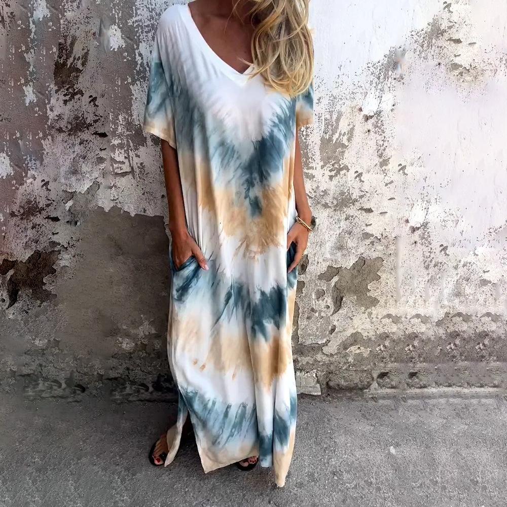Casual Loose Short Sleeve V Neck Tie Dye Slit Long Dress For Women S оранжевый