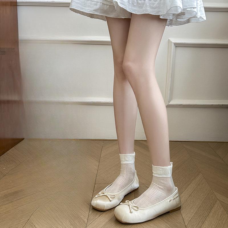 Spring and Summer Thin Mesh Perforated Mid-calf Socks, Lace Sweet Ballet-style Breathable Socks