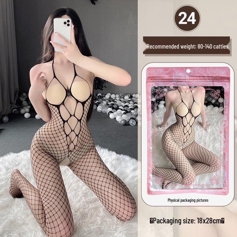 Linlinting Plus Size Sexy See-through Cutout Bodysuit with Open Crotch Stockings Set