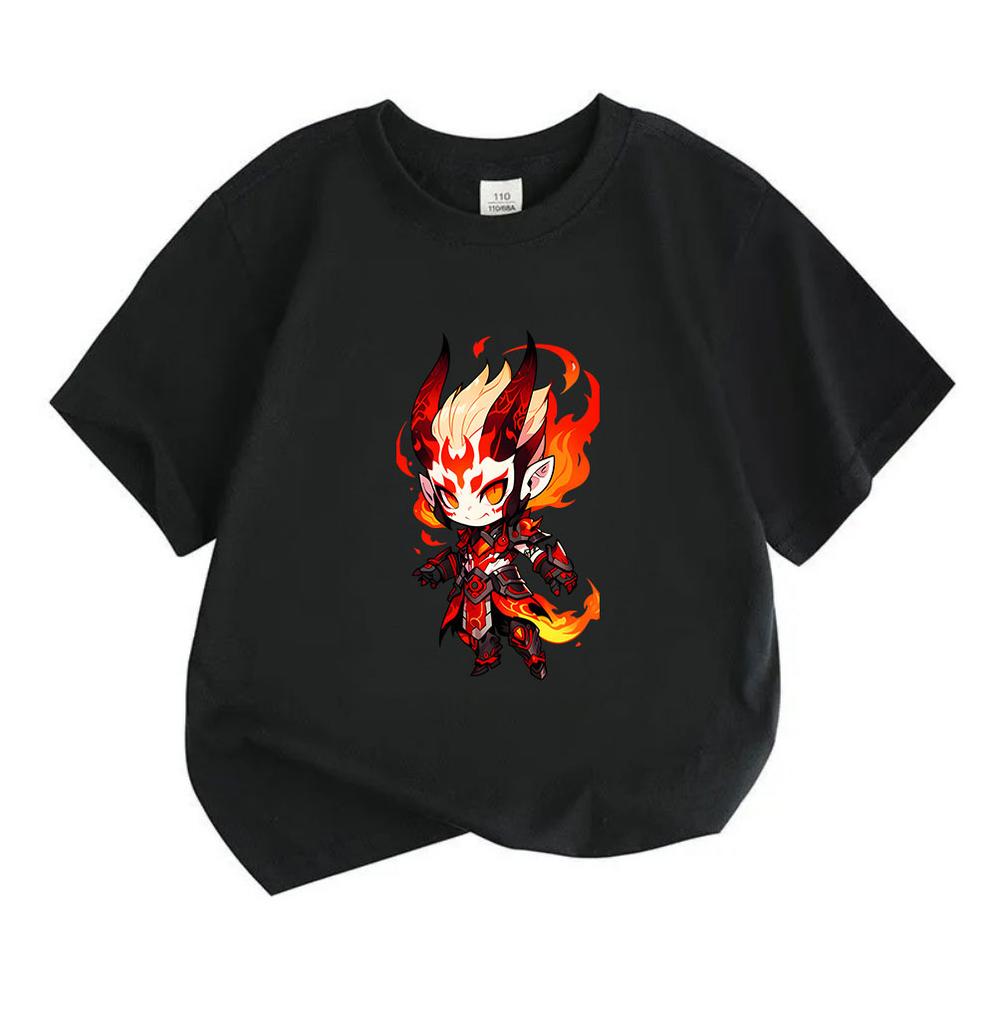 Kids Boys Girls Crew Neck Short Sleeve T-Shirt, 100% Cotton Casual Tees with Fiery Demon Cartoon Character Print, Soft Breathable Summer Daily Wear fo