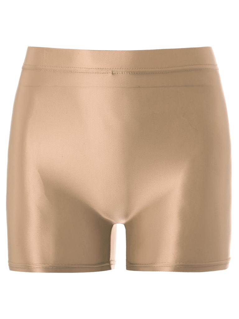 Womens Shiny Mid Waist Elastic Waist Shorts Swimwear Yoga Sportswear
