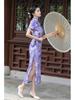 2024 Spring/Summer Elegant Retro Double-Layer Silk & Linen Short-Sleeve Cheongsam Dress