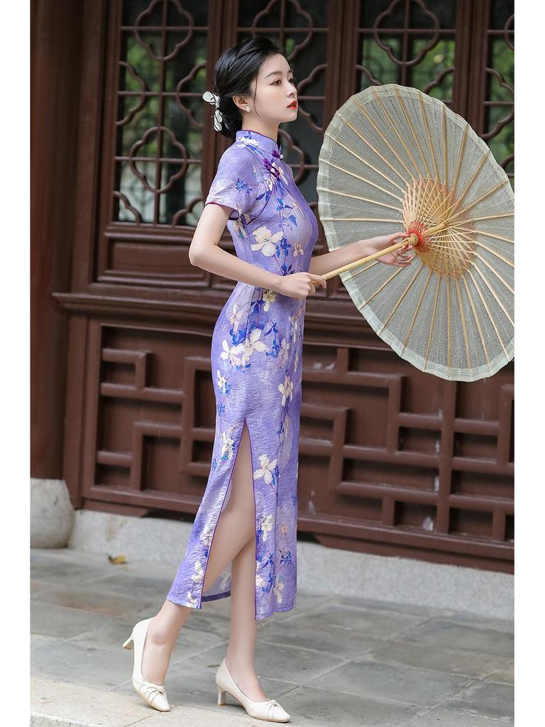 2024 Spring/Summer Elegant Retro Double-Layer Silk & Linen Short-Sleeve Cheongsam Dress