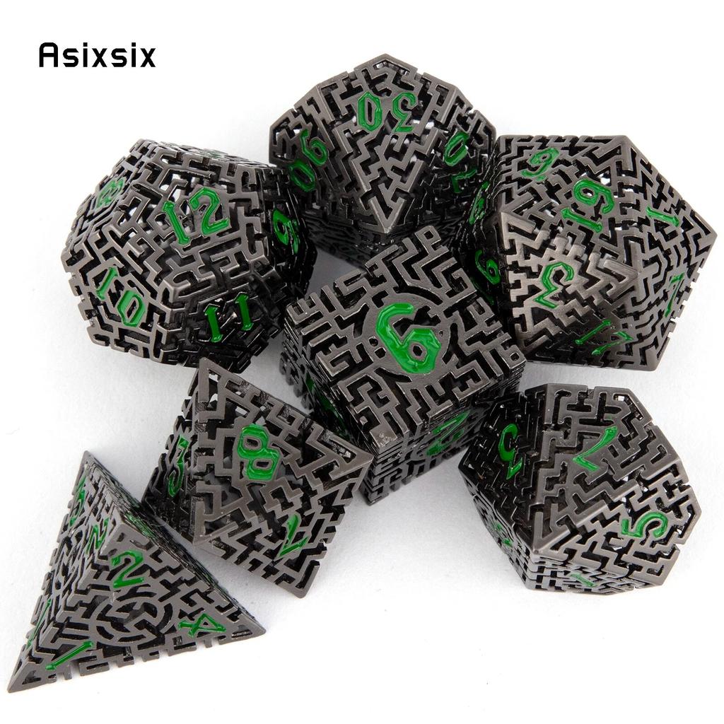 7 Pcs Black Green Metal Dice Maze Hollow Metal Polyhedral Dice Set Suitable for Role-Playing RPG  Board Game Card Game
