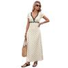 Maxi Abito a Pois in Pizzo con Scollo a V e Maniche a Sbuffo Stile Vacanza Francese