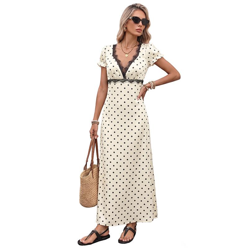 Maxi Abito a Pois in Pizzo con Scollo a V e Maniche a Sbuffo Stile Vacanza Francese