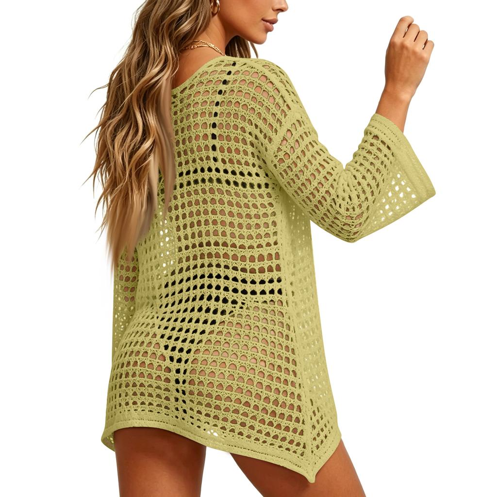 Women Hollow Out Long Sleeve Knit Cover Up Loose Fit Beach Dress Open Back Pullover for Swimwear and Bikini Layering