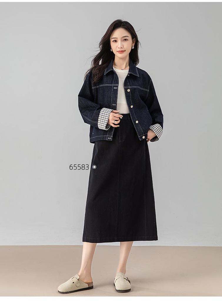 Xin Ge Women's Retro Plaid Patchwork Denim Jacket - Long Sleeve, Drop Shoulder, Casual Fit.