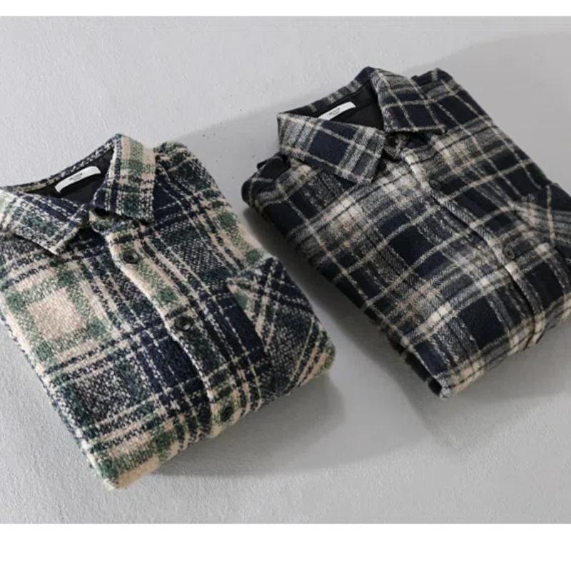 Automne et Hiver Vêtements Homme Chemise à Carreaux Rétro Manches Longues Chemises Amples Brossées avec Poche Chemise Décontractée Quotidienne pour Homme