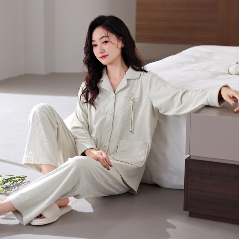 Island Fleece Pajamas Women'S Spring And Autumn Thickened Warm Long-Sleeved Coral Fleece Suit Autumn And Winter High-End Large-Size Loungewear