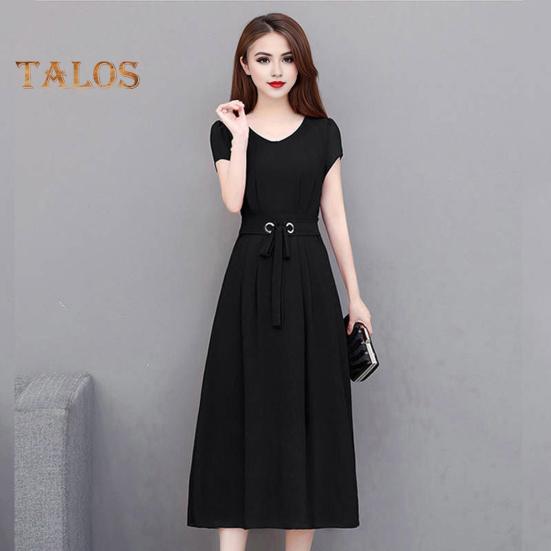 Summer Lady Dress Round Neck A-line Short Sleeves Slim Waist Plus Size Pure Color Slim Fit Mid-calf Length OL Commute Midi Dress