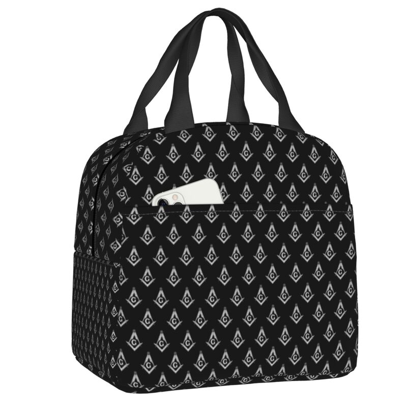 Custom Freemason Square & Compass Gold Masonic Thermal Insulated Lunch Bag Women Resuable Lunch Tote for Picnic Storage Food Box