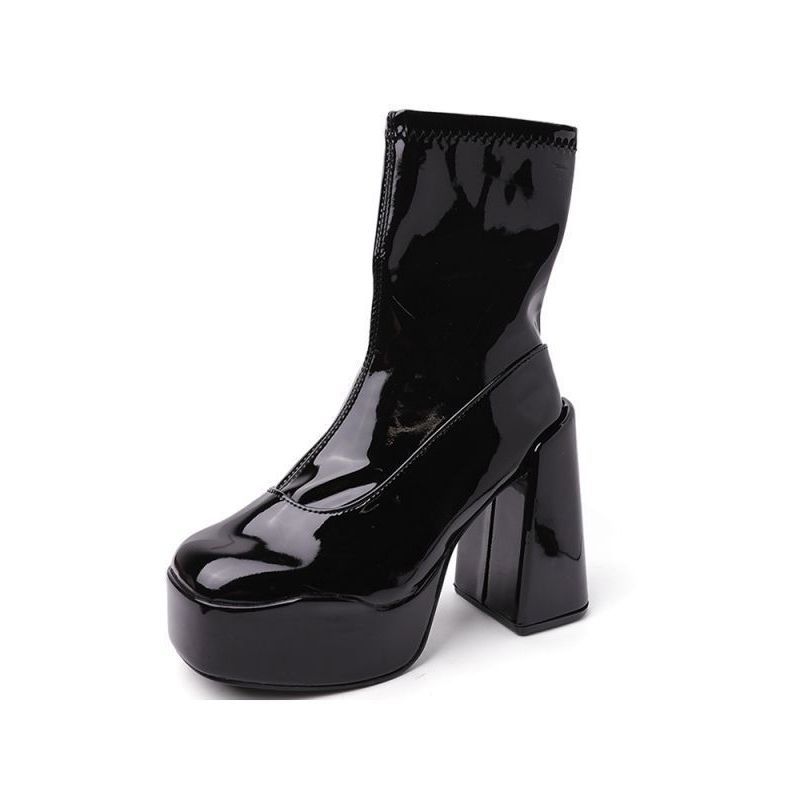 Dámské podzimní nové módní přiléhavé tenké boty na silné podrážce a vysokém podpatku, z lakované kůže, super vysoké šněrovací boty Martin