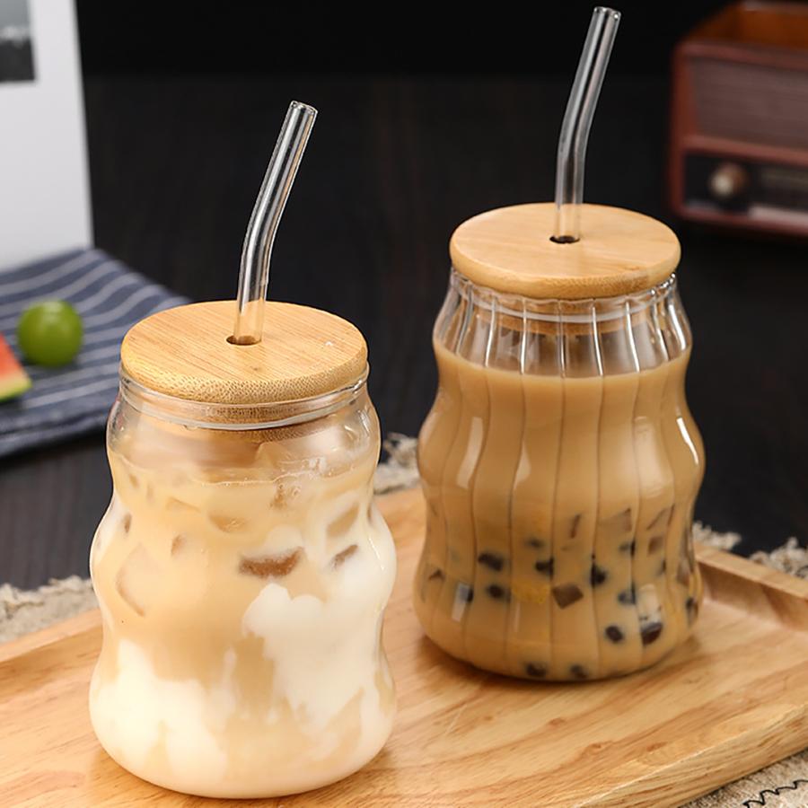 Drinking Glasses with Bamboo Lids and Glass Straw 15oz Glassware Set Glass Tumbler for Iced Coffee Juice Drink Milk