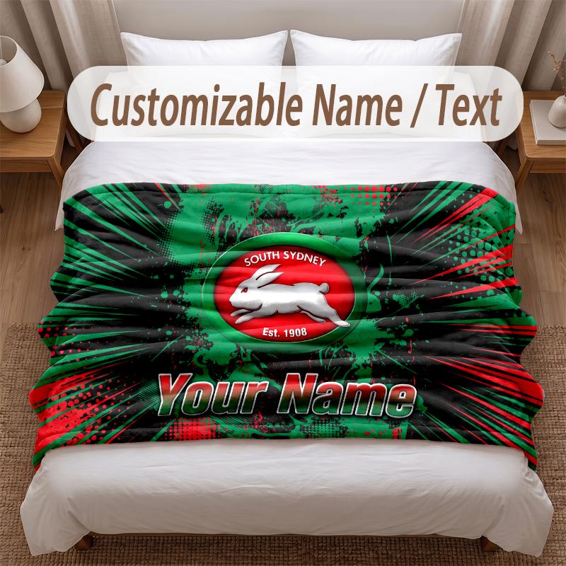 South Sydney Rabbitohs Printed Flannel Blanket Custom Name Text Soft Warm Throw For Bedroom Holiday Gift