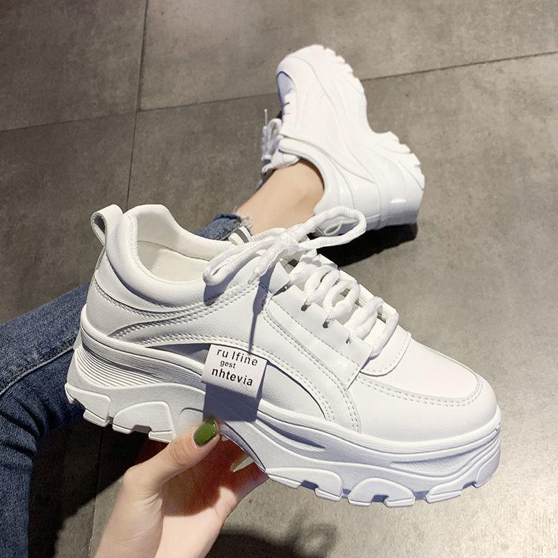 Women's Shoes 2025 New Trendy Fashion Korean Version Heightening White Shoes Heightening Leather Surface Waterproof Shoes Female Student Dad Shoes