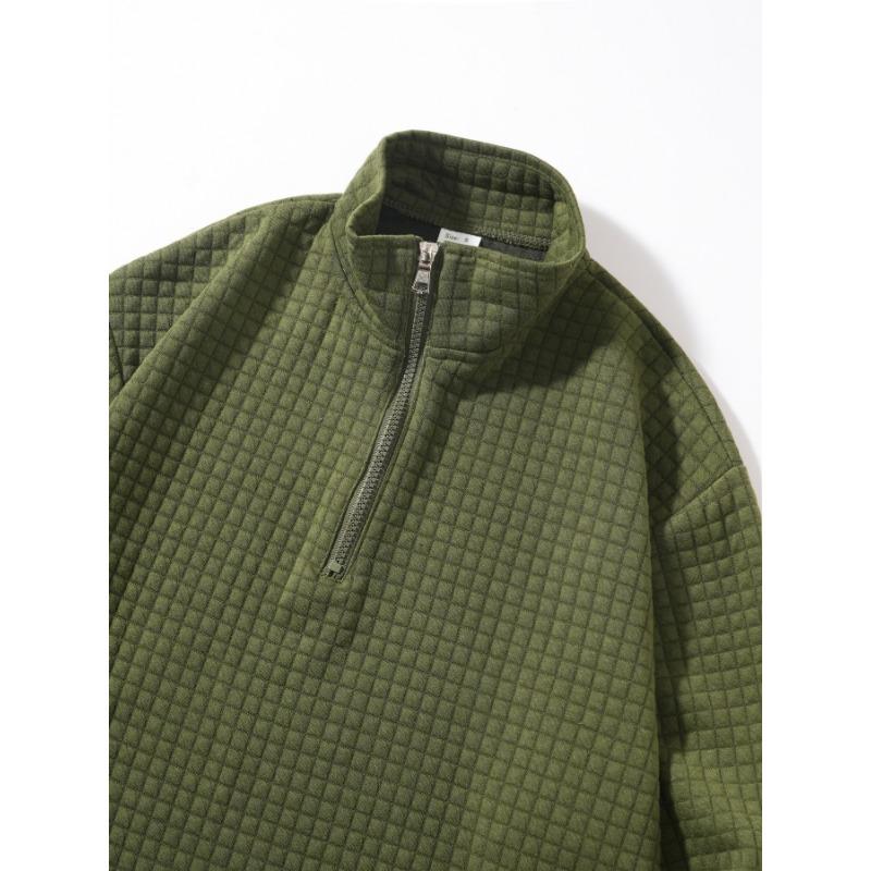 Casual Solid Waffle Half Zip Pocket Long Sleeve Stand Collar Sweatshirt
