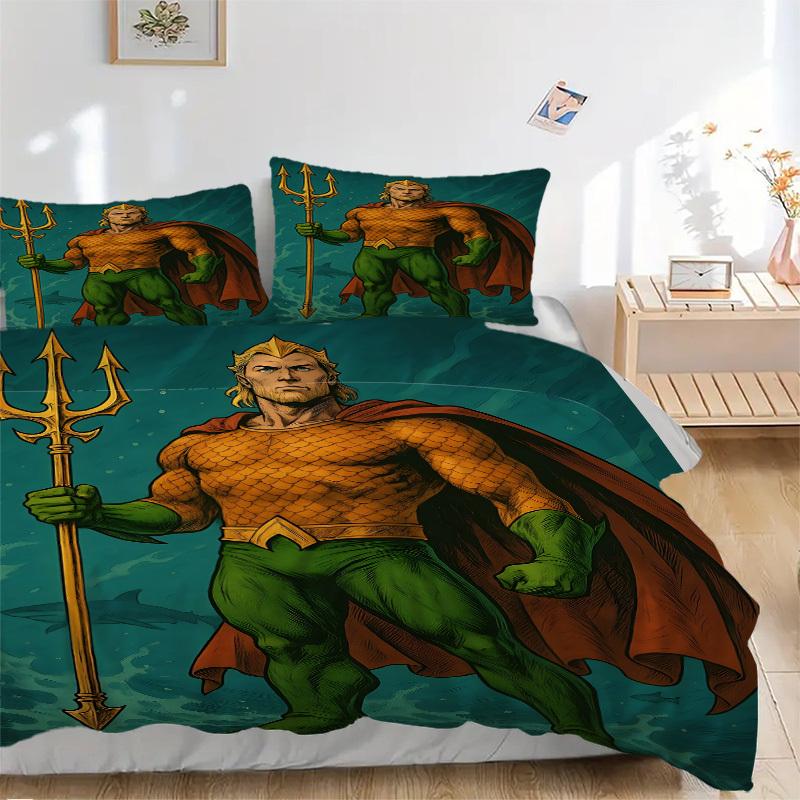 

3 шт. Аквамен, Набор с чехлом для трезубца, Комплект постельного белья, Мягкий удобный пододеяльник, Для спальни, Гостевой комнаты (1*Пододеяльник + 2*Наволочки, Без 135x200cm