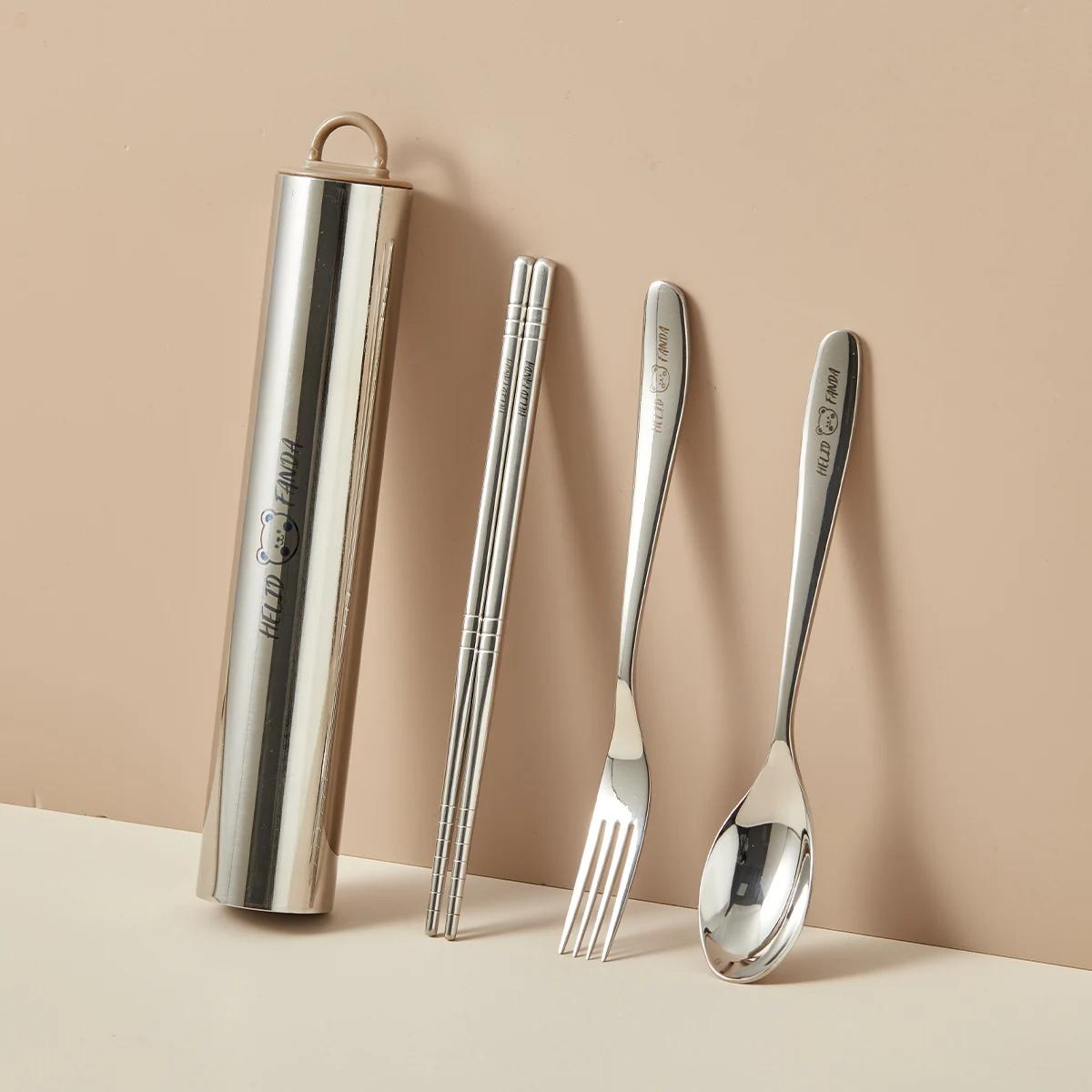 

Portable Cutlery Set 304 Stainless Steel Fork Spoon and Chopsticks Dinnerware Set with Storage Case Pull-out Camping Tableware