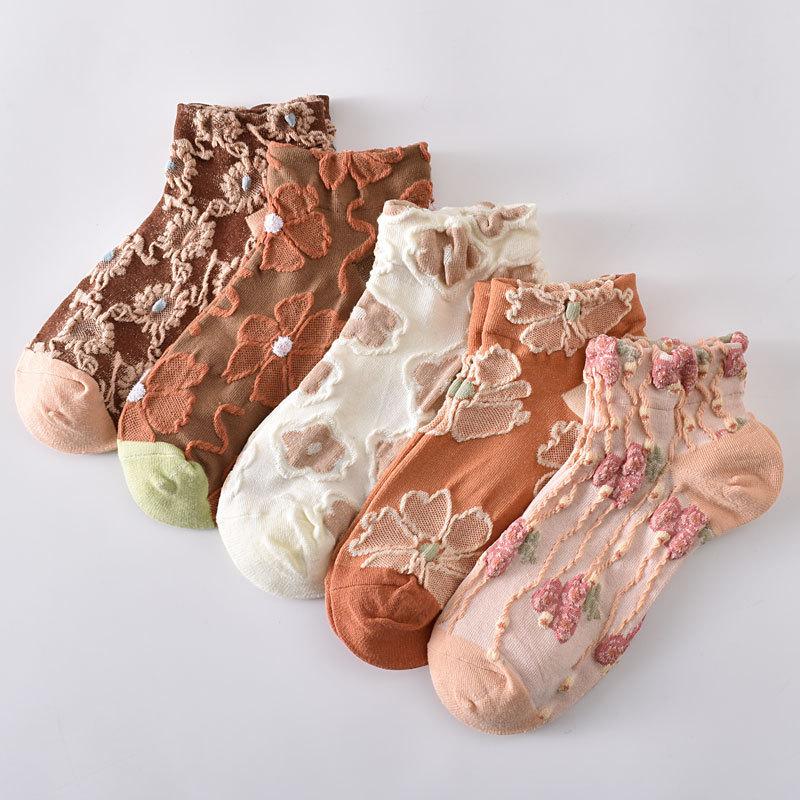 5/10 Pairs Women Three-dimensional Floral Printed Short Socks Fashionable Floral Sweet Sweat Absorbing Breathable Casual Socks