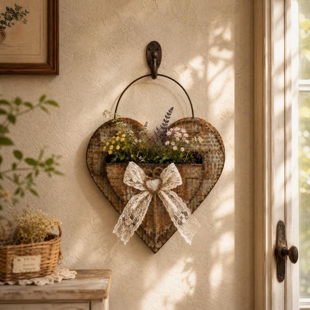 Vintage Rustic Wrought Heart-Shaped Wall Hanging Flower Basket for Home Décor