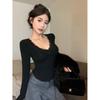 Spring Autumn V-neck Sexy Fashion Lace Patchwork Slim Tee Women Long Sleeve Slim All-match Pullover T-shirt Solid Top