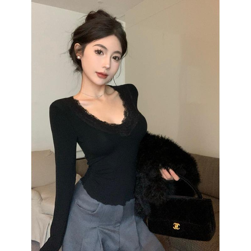 Spring Autumn V-neck Sexy Fashion Lace Patchwork Slim Tee Women Long Sleeve Slim All-match Pullover T-shirt Solid Top