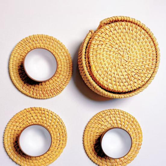Handwoven Rattan Coaster Set Heat-Resistant Placemats for Cups Teapots Casserole Natural Eco-Friendly Rustic Table Protector for Home