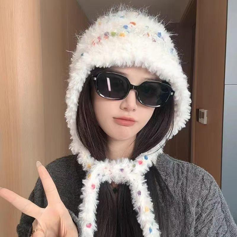 Winter warm ear protection color rope plush hat women's versatile windproof knitted wool hat plush thickened cycling pullover hat