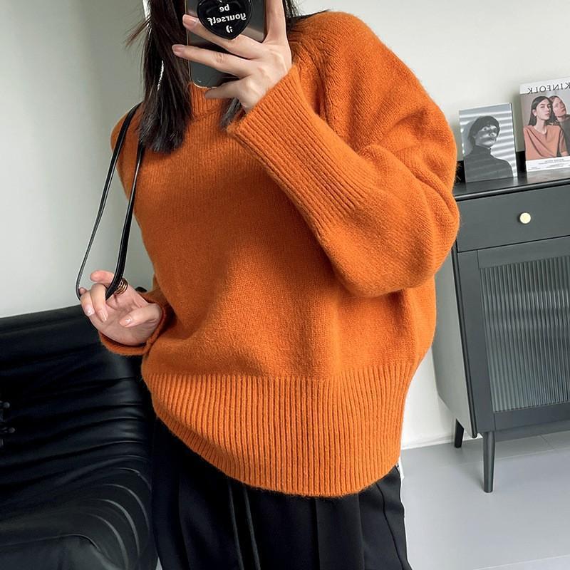 Autumn Winter Round Neck Simple Fashion All-match Knitting Top Women Casual All-match Solid Pullover Sweater