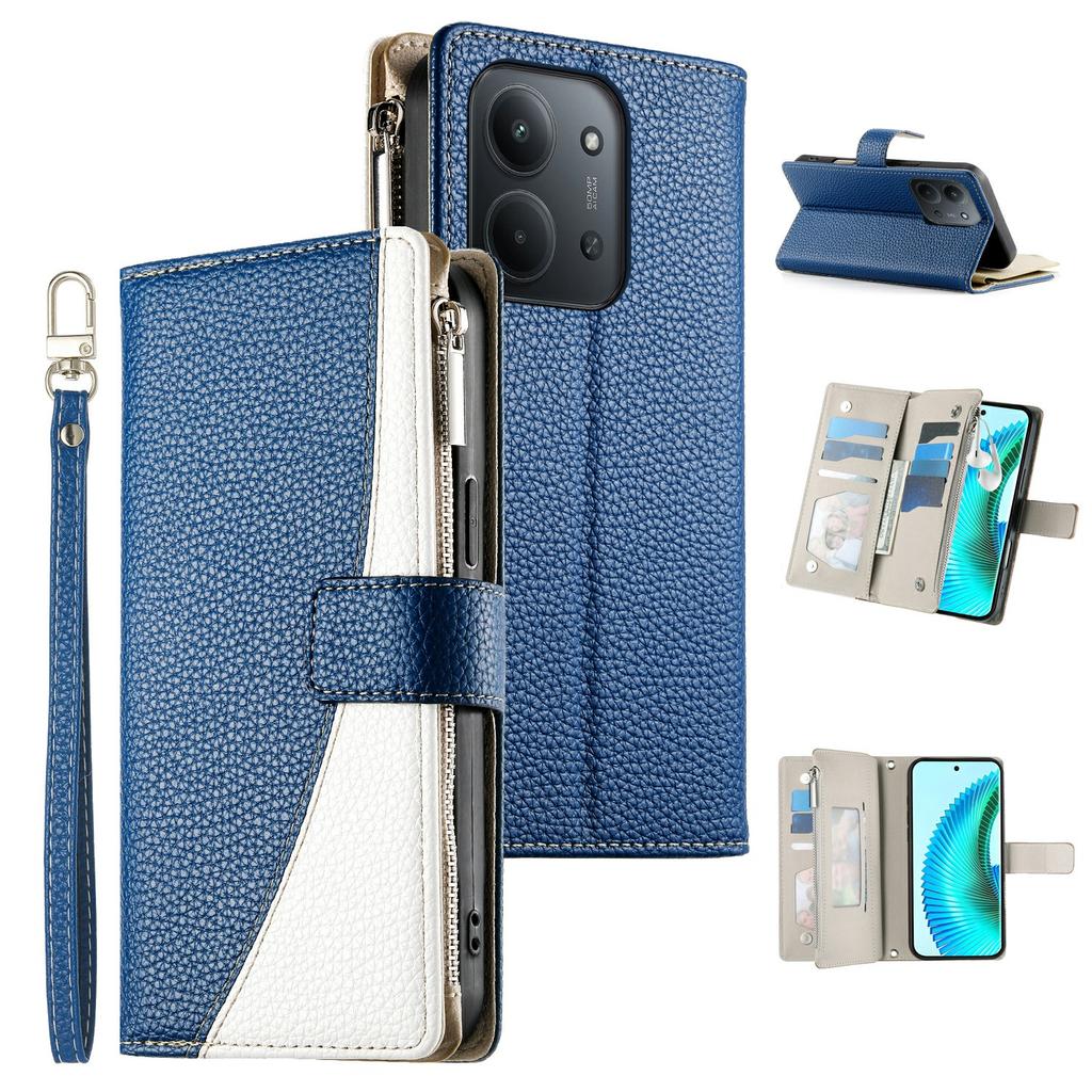 Zipper Wallet Case for Xiaomi Redmi 15C 5G (EU) (173mm)/15C 4G (EU) (173mm) Color Splicing Leather Flip Phone Cover with Straps