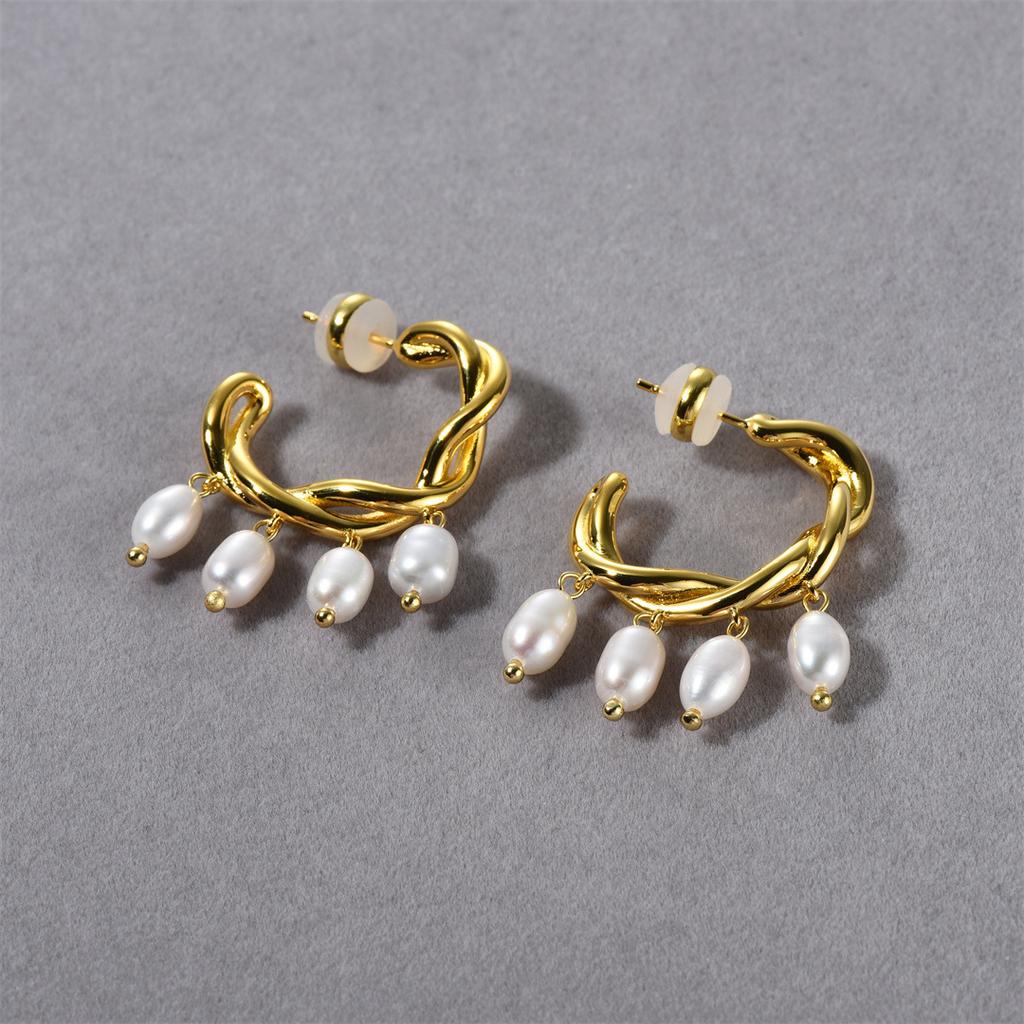 Retro French Earrings Light Luxury Premium Exquisite Baroque Natural Freshwater Pearl Twist Rope Circle Earrings