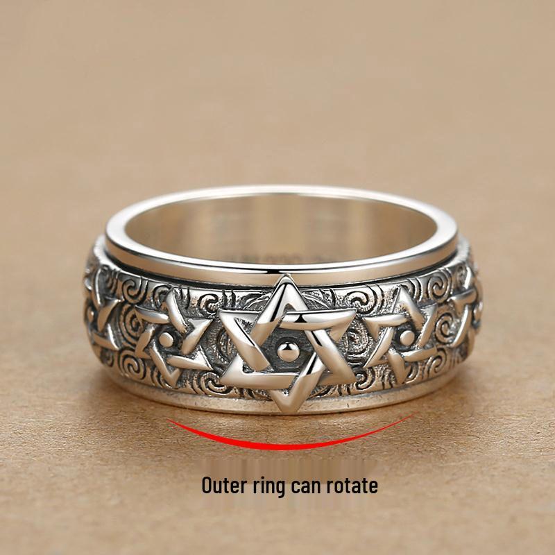 S925 Sterling Silver Rotatable Six-Pointed Star Wide Band Ring for Men - Retro Index Finger Design