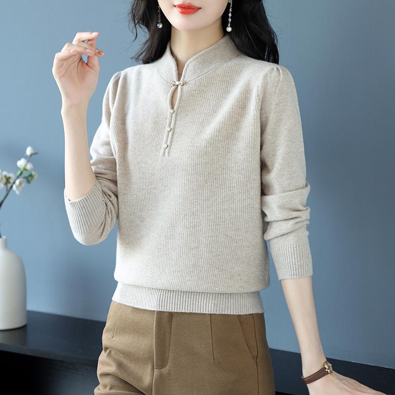 Women's Pure Wool Stand Collar Sweater - Autumn/Winter Loose Slimming Knit Cheongsam Base Layer