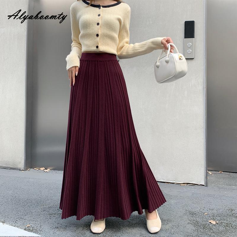 Korejská móda Podzim Zima Dámská plisovaná sukně Elastický pas Béžová Černá Pletená Maxi dlouhá sukně Elegantní Ženská Dámská sukně