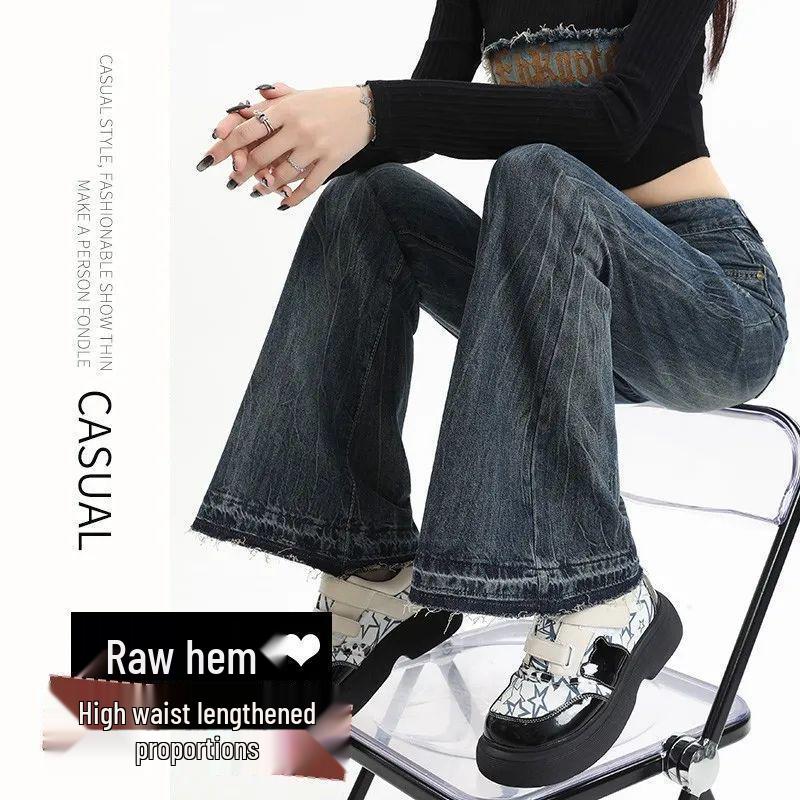 Vintage High-Waisted Non-Clingy Micro-Flare Jeans for Women with Slimming Loose Fit, Fleece-Lined, Raw Edge, Floor-Length, Autumn/Winter Style