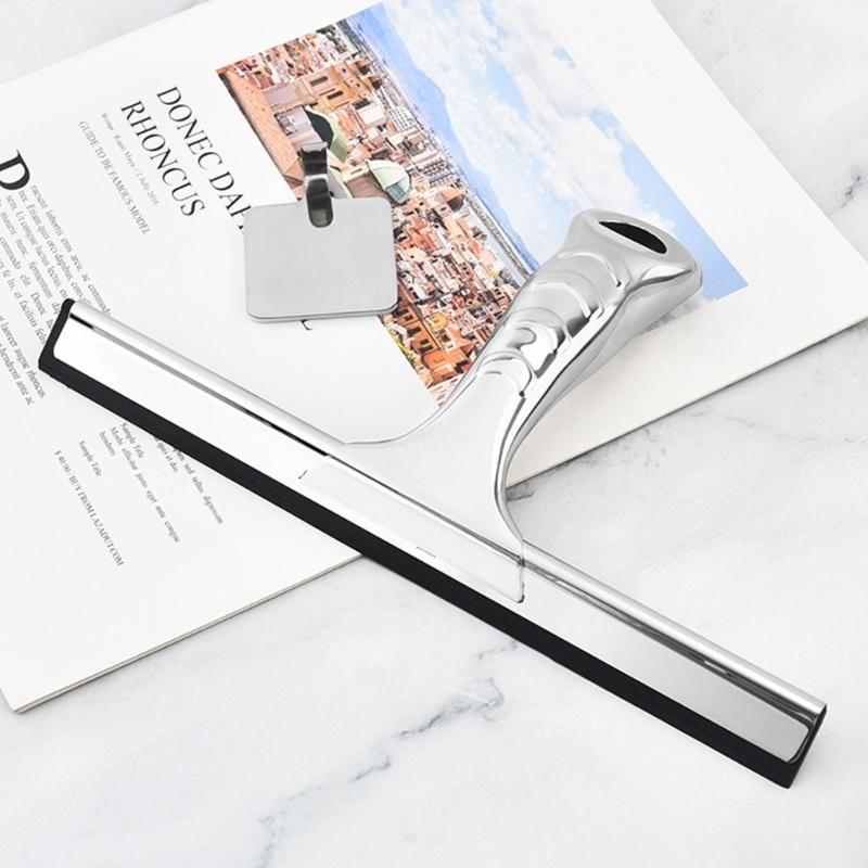 10” Shower Squeegee for Shower Glass Door Bathroom Window Car Glass Stainless Steel Scraper Wiper with 2 Hooks Household