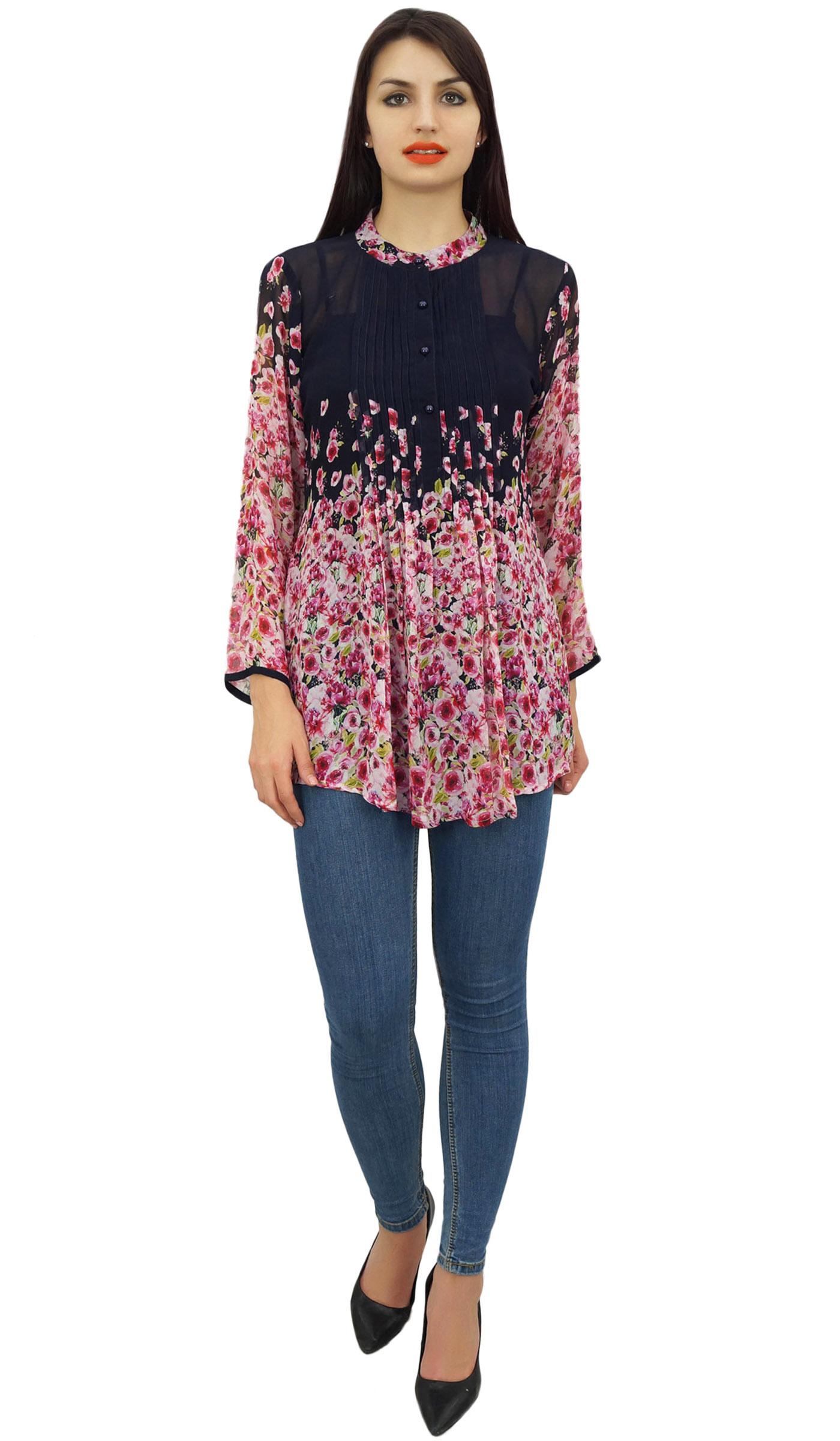 

Phagun Women s Blue Digital Floral Printed Full Sleeve Pintuck Casual 4 темно-синього кольору