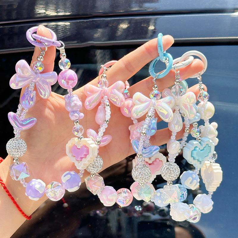 Pasek na telefon komórkowy zapobiegający zgubieniu, łańcuszek na nadgarstek, klocki, miłość, kokarda, koralikowany wisiorek, breloczek, zawieszka do torby, dekoracja