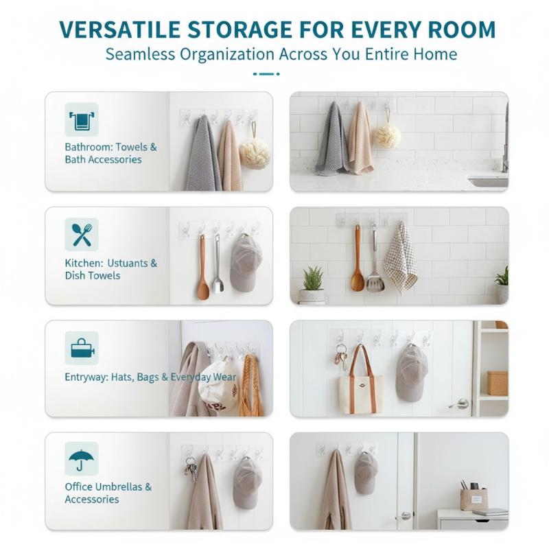6 Hooks Transparent Holder Rack Bathroom Towel Sponge Storage Hanger Living Room Hat Clothes Seamless Hook Organiser