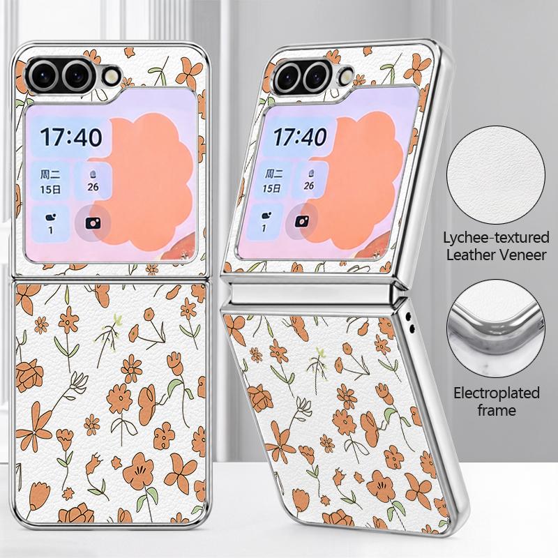Little Floral Pattern Case For Samsung Galaxy Z FlIP 7 FE 6 5 Z Flip7 Flip6 Flip5 Luxury Plating PC+PU Leather Hybrid Folding Phone Cover